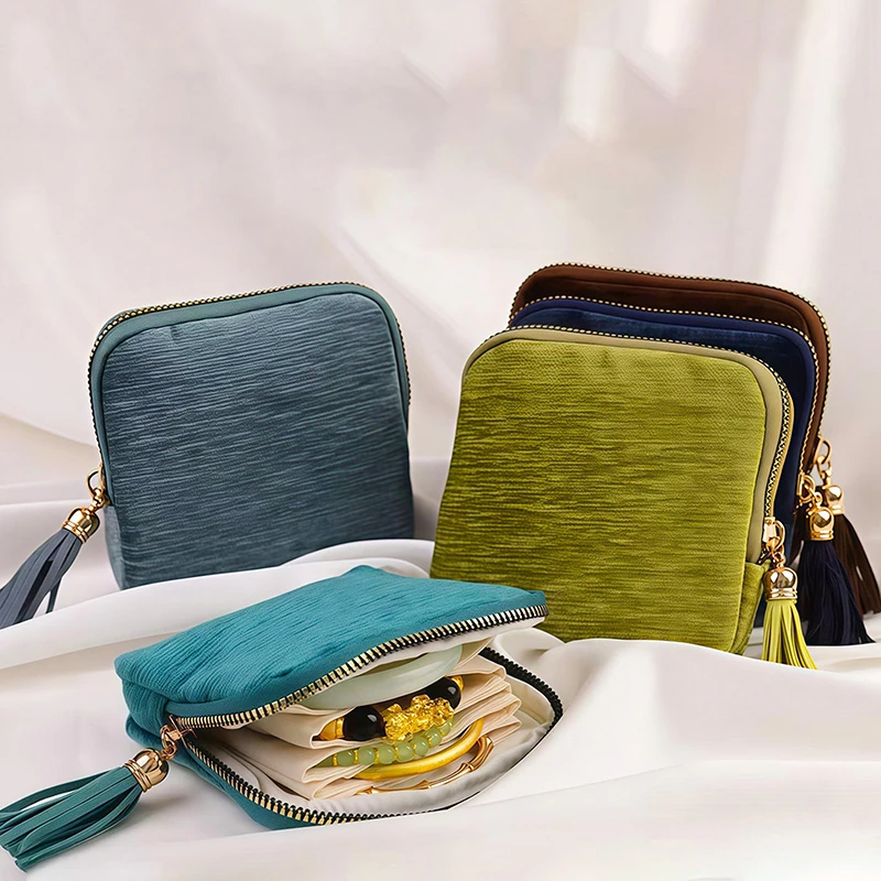 Exquisite Jewelry Storage Bag With Tassel Pendant Ring Zipper Jewelry Bag Large Capacity Travel Crystal Bracelet Storage Pouch