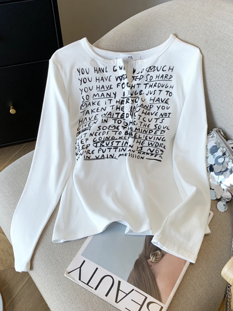

Winter New Retro Solid Color Women's Casual Base Top Korean Fashionable Women Velvet Letter Printed Long Sleeved T-Shirt