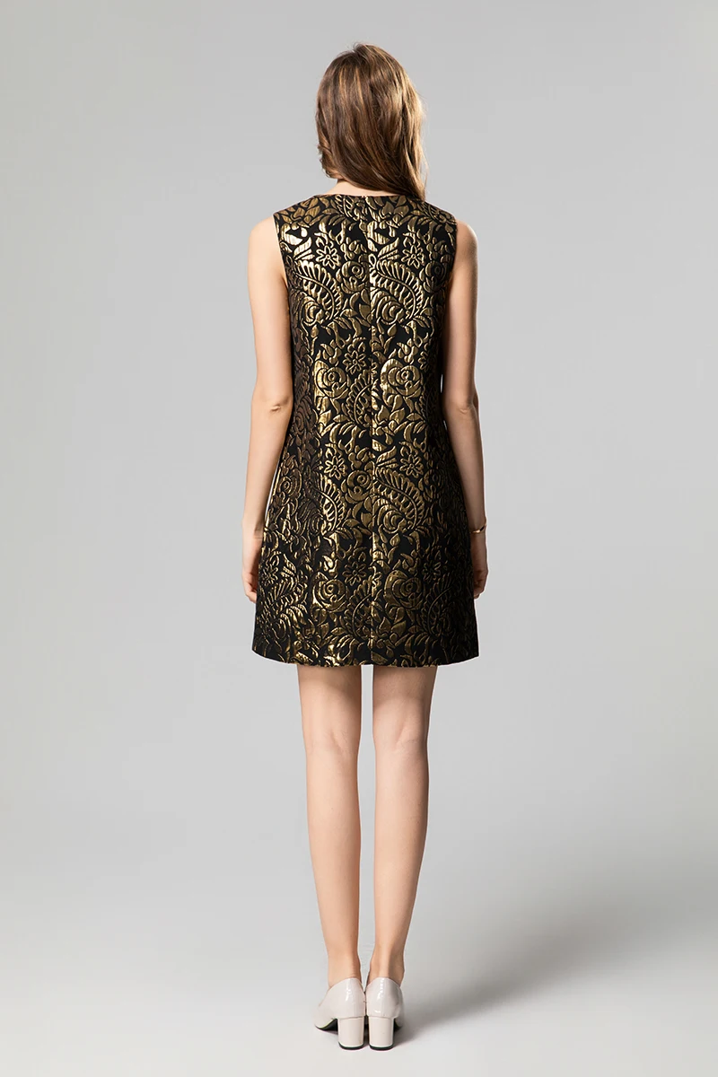 MIUXIMAO 2025 แฟชั่น Royal Luxury Jacquard ฤดูร้อนชุด Leaf Golden ดอกไม้เพชรชุดสั้นสีดําชุดผู้หญิง Vestides