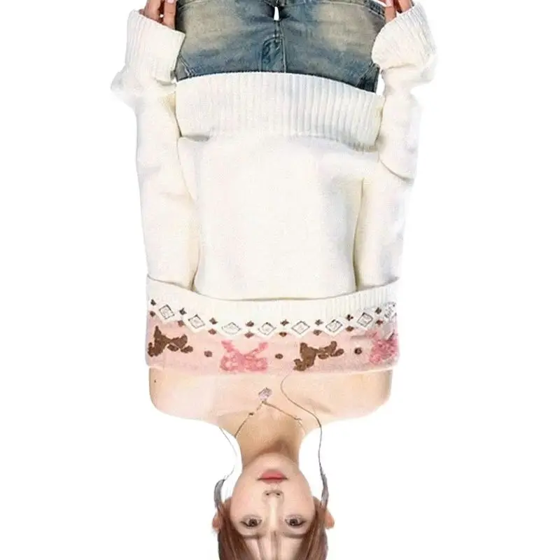 

Нежный женственный вязаный топ с длинными рукавами и принтом, осень-зима 2026, новый модный свитер в корейском стиле с одним открытым плечом для женщин