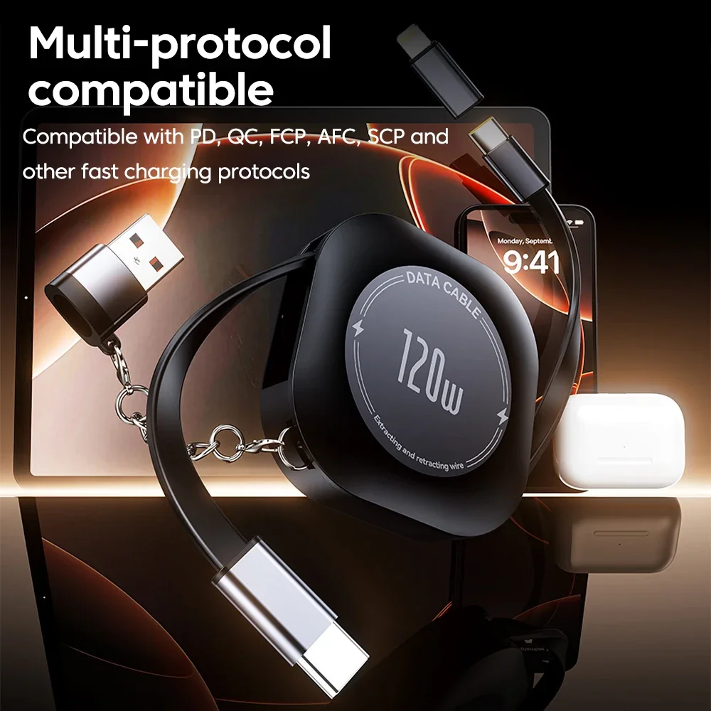 كابل شحن سريع 120 وات من النوع C إلى النوع C قابل للسحب لهاتف iPhone 15 16 كابل USB مع سلك بيانات سلك شاحن من النوع C إلى USB