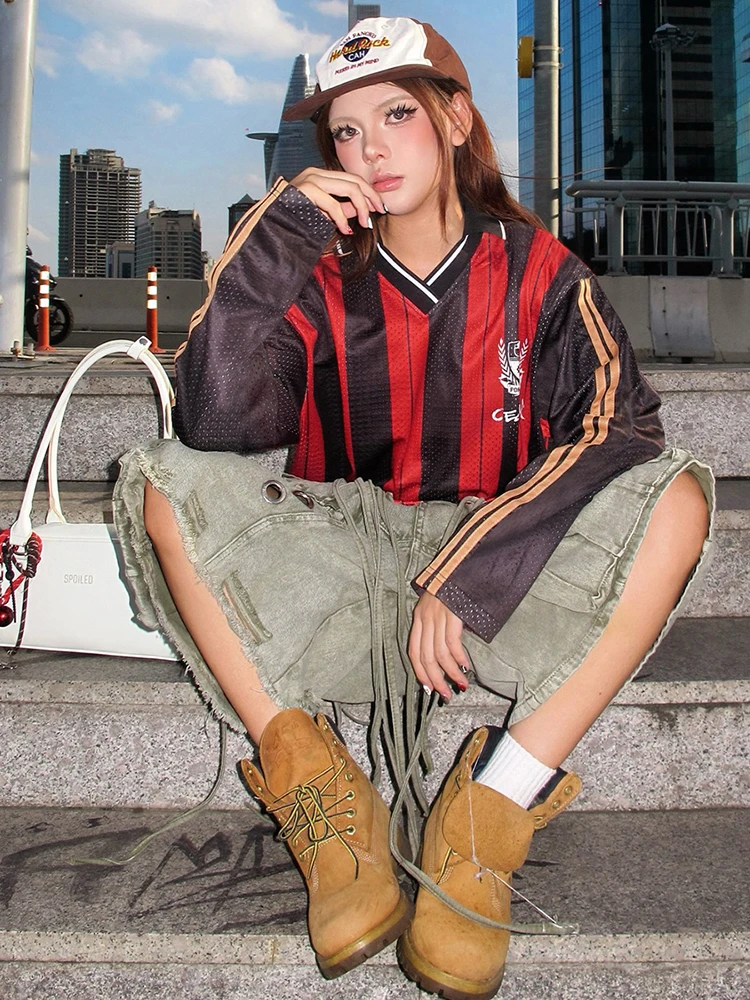 Sisterlinda T-shirt con stampa distintivo a righe sportive da donna Vedi attraverso maniche lunghe con scollo a V Patchwork Casuals Street Stretch Trend Tees