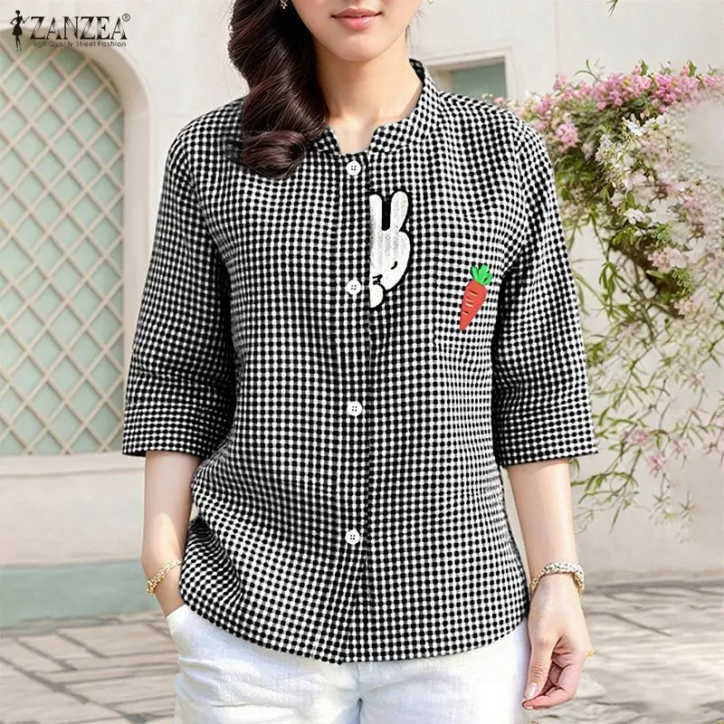 ZANZEA Damen-Hemden mit Puffärmeln, modische karierte Bluse, Vintage-Taschen, bedruckte Tunika-Tops, 2026, Sommer, lässig, lose Knöpfe, OL-Blusen