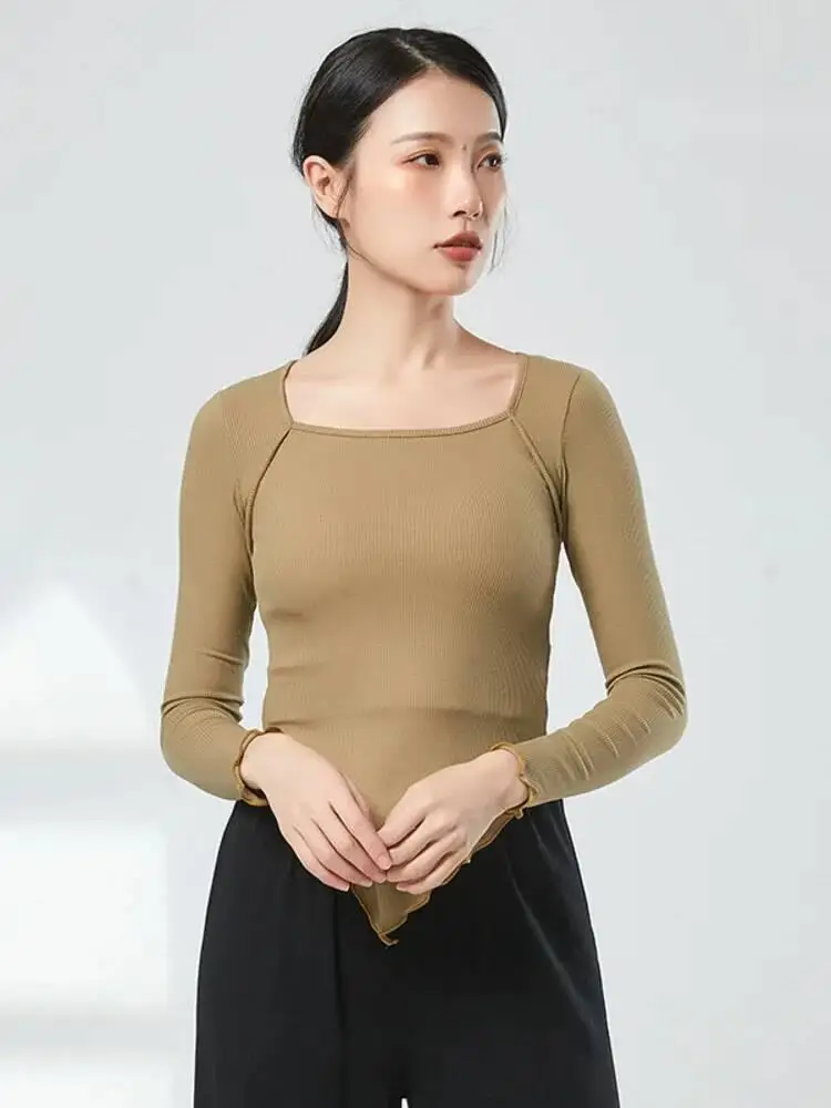 Damska dopasowana koszulka do tańca z kwadratowym dekoltem, jednolita, klasyczny strój ludowy, top na próbki sceniczne, chińskie występy, ćwiczenia.