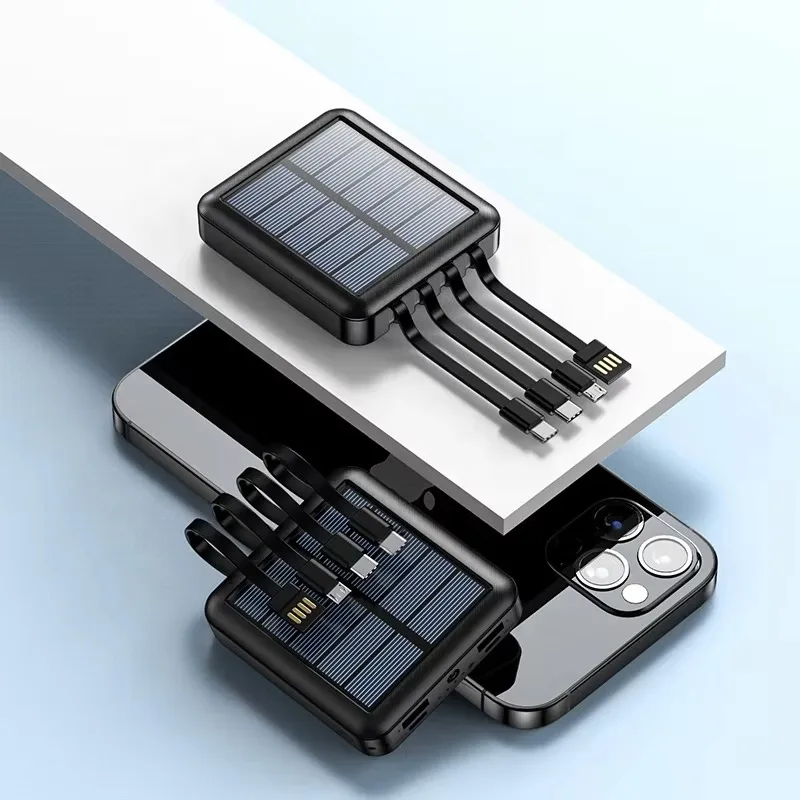 Mini Solar Power Bank Built‑in 4 Cables 20000mAh Large Capacity 2.1A Multi USB Output Smartphone Charging Station Accessory