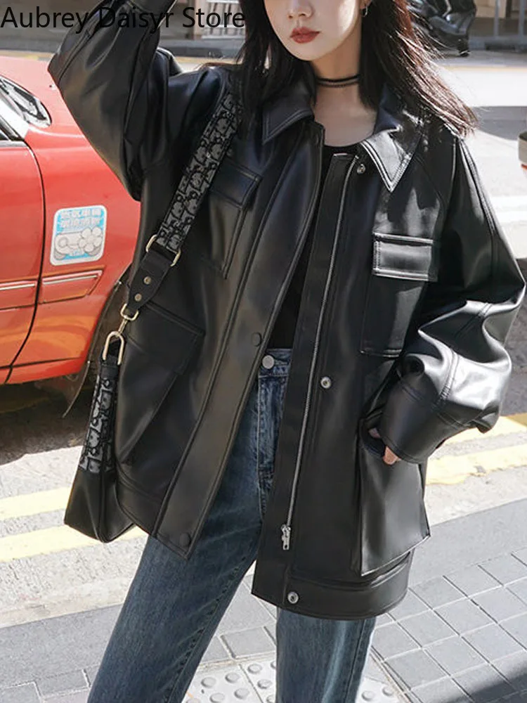 Autumn Streetwear Black Leather Jacket Women High Street Harajuku Zipper Leather Moto Jacket Casual Loose Oversize Warm Coat Y2k