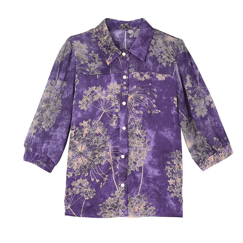 Summer Elegant Fashion Purple Chiffon Shirts Women Chinese Style Vintage Short Sleeve Turn-down Collar Blouses Chic Loose Tops