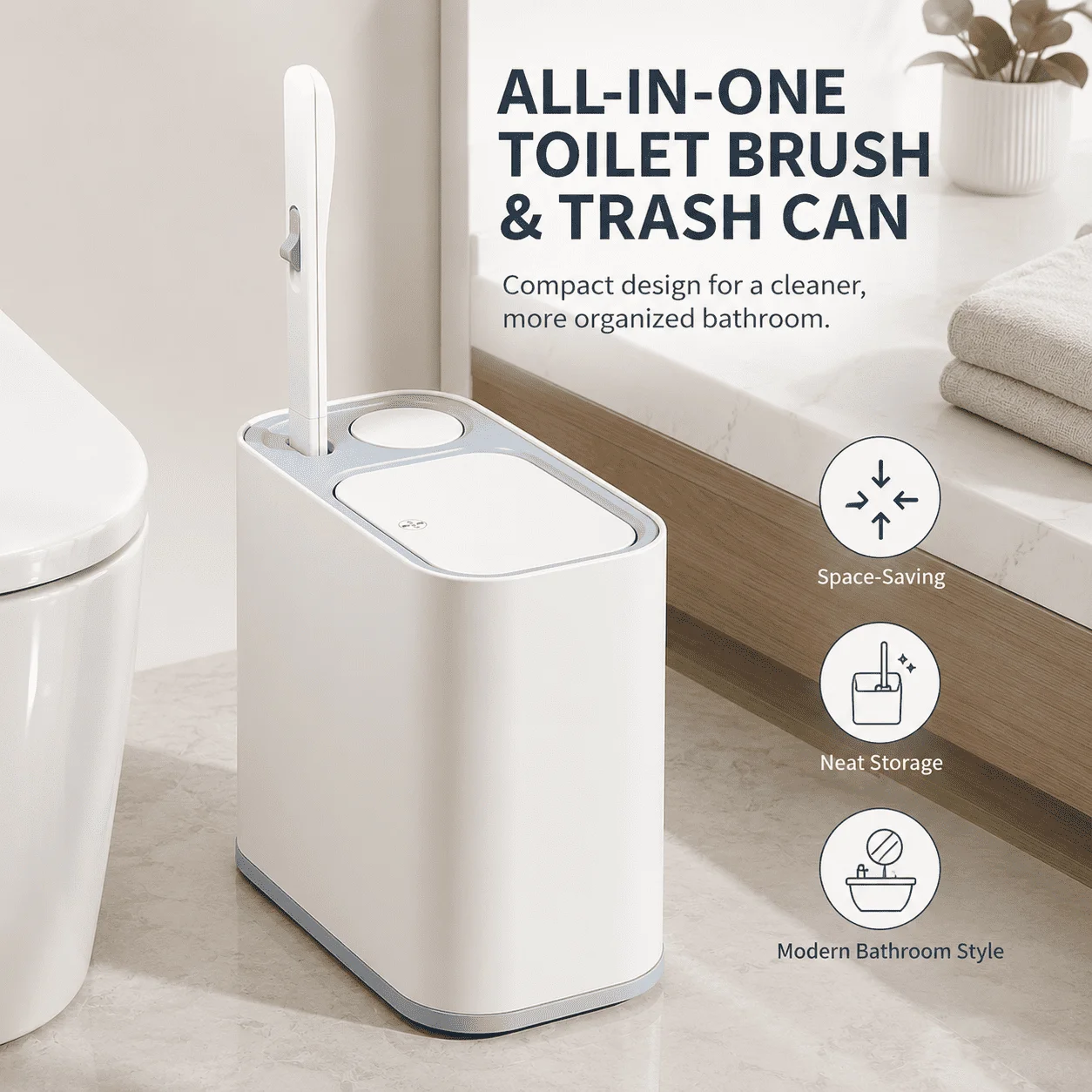 2-in-1 Toilet Brush and Trash Can with Lid, Disposable Brush Head Holder, Slim Bathroom Cleaning Bin, Space-Saving Design