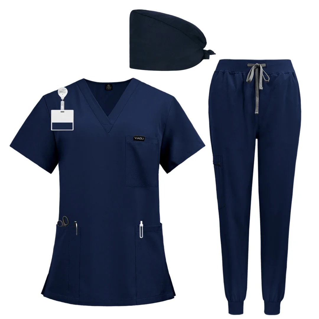 

Accessory Set Short Sleeve Scrub Top Set Skin Care Nursing Uniform Workwear with Matching Hat
