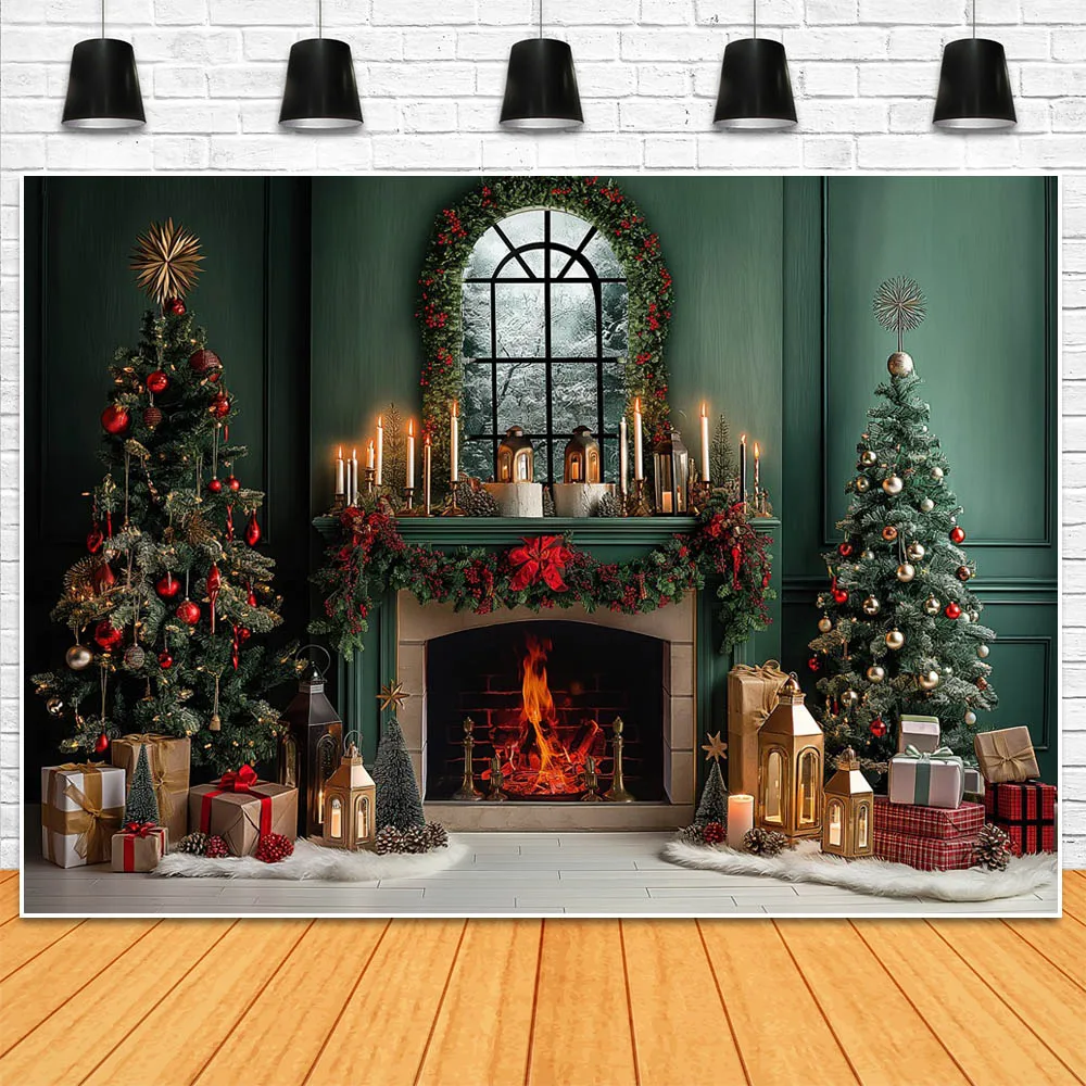 Mocsicka Christmas Fireplace Backdrop for Photography Vintage Green Wall Window Snow Xmas Tree Family Portrait Background Props