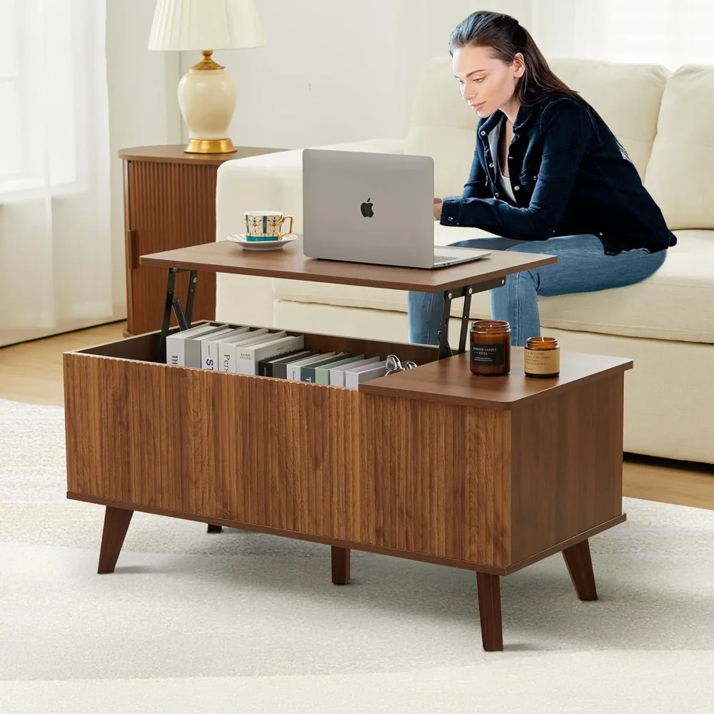 Wooden Fluted Lift Top Coffee Table with Hidden Compartment, Modern Rectangle Center Tables with Adjustable Storage Shelf, Lift