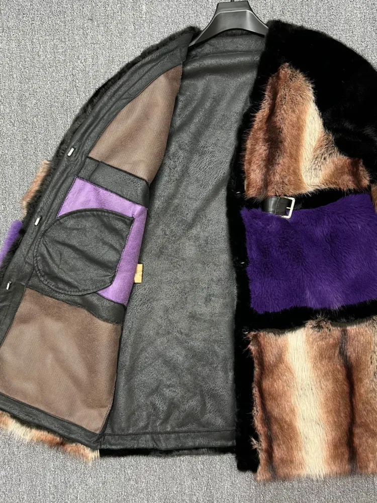 ZMEENNA معطف نسائي من الفرو الصناعي كتلة ألوان تصميم لوحة أفقية بدون ياقة على شكل حرف V مشبك ملابس خارجية شتوية دافئة ZM4480 #6