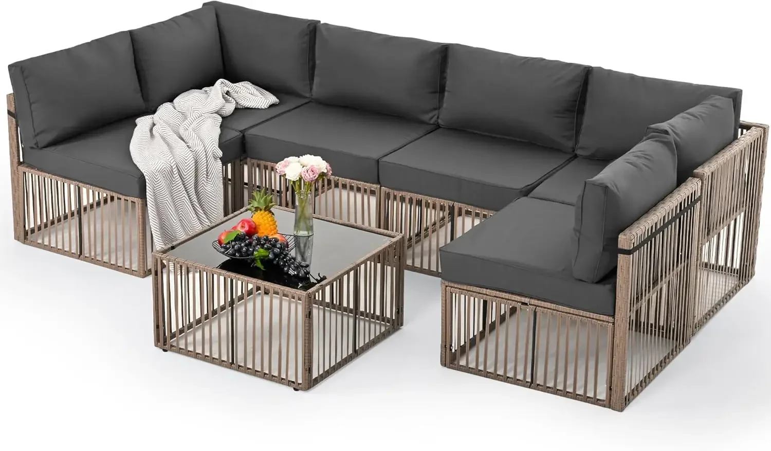 7 Pieces Outdoor Sectional Set, All-Weather PE Rattan Patio Conversation Set,  Coffee Table, Brown Rattan, Gray Cushion