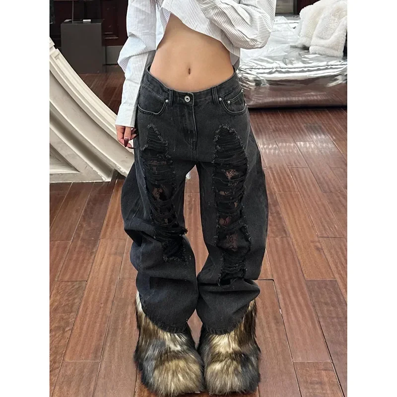 

2025 Autumn Vintage Lace Patchwork Gothic Black Ripped Jeans High Waisted Straight Denim Pants Y2K Streetwear Wide Leg Trousers