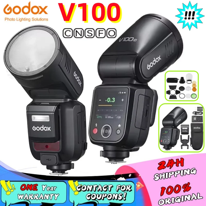 New Godox V100 Round Head Camera Flash 100Ws On-Camera Beyond Limits 70 Full Power for Canon Nikon Sony Fuji pk Godox V1 Pro