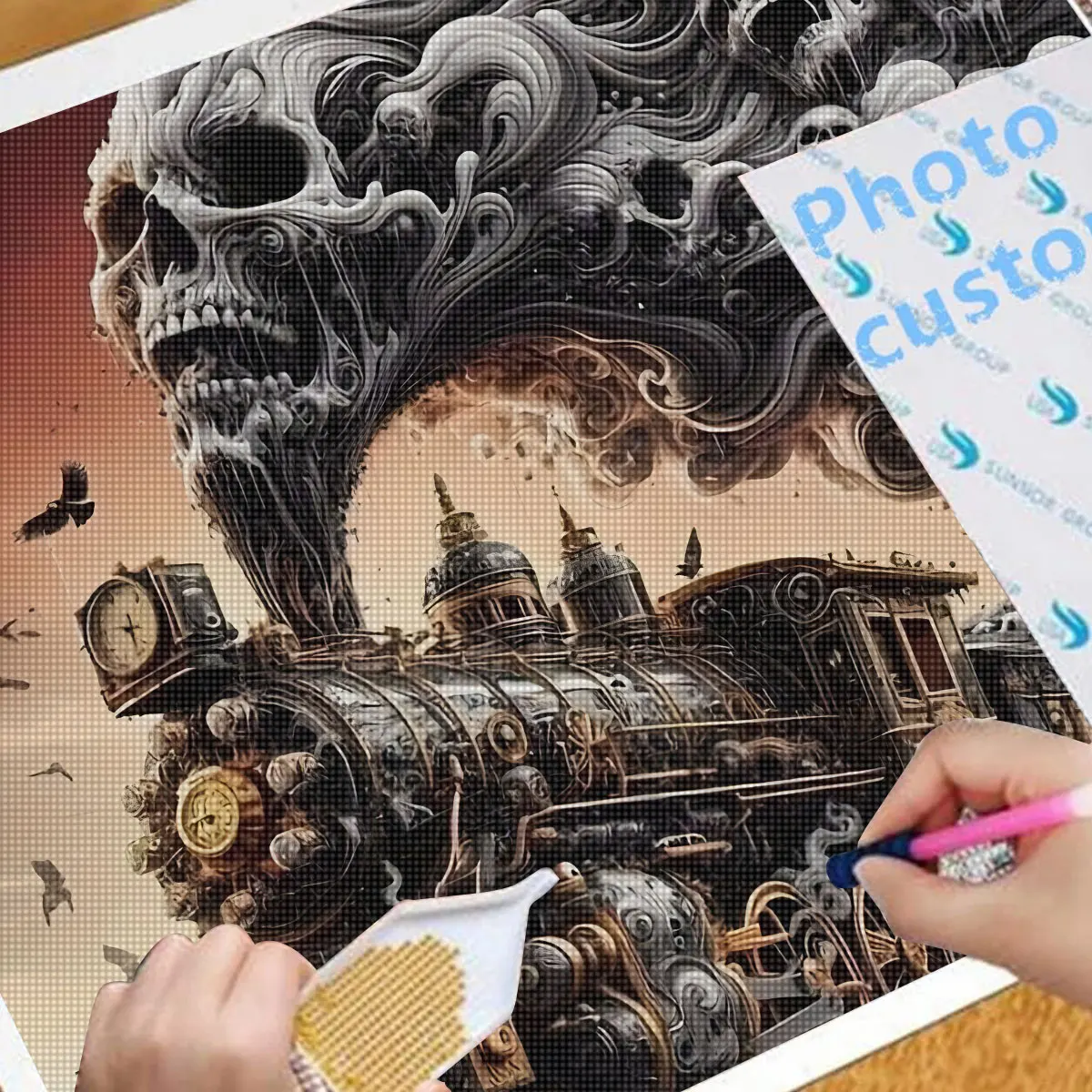 Custom Photo Skull Train 5D Diamond Painting Set Suitable for Home Decoration or Gifts - 11.8x11.8 Frameless Dark Fantasy Mosaic