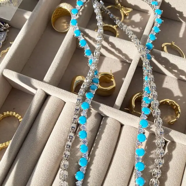 Summer Hot Selling 16 Inches Luxury Women Choker Clear 5A CZ Blue Turquoises Prong Set Tennis Chain Necklace