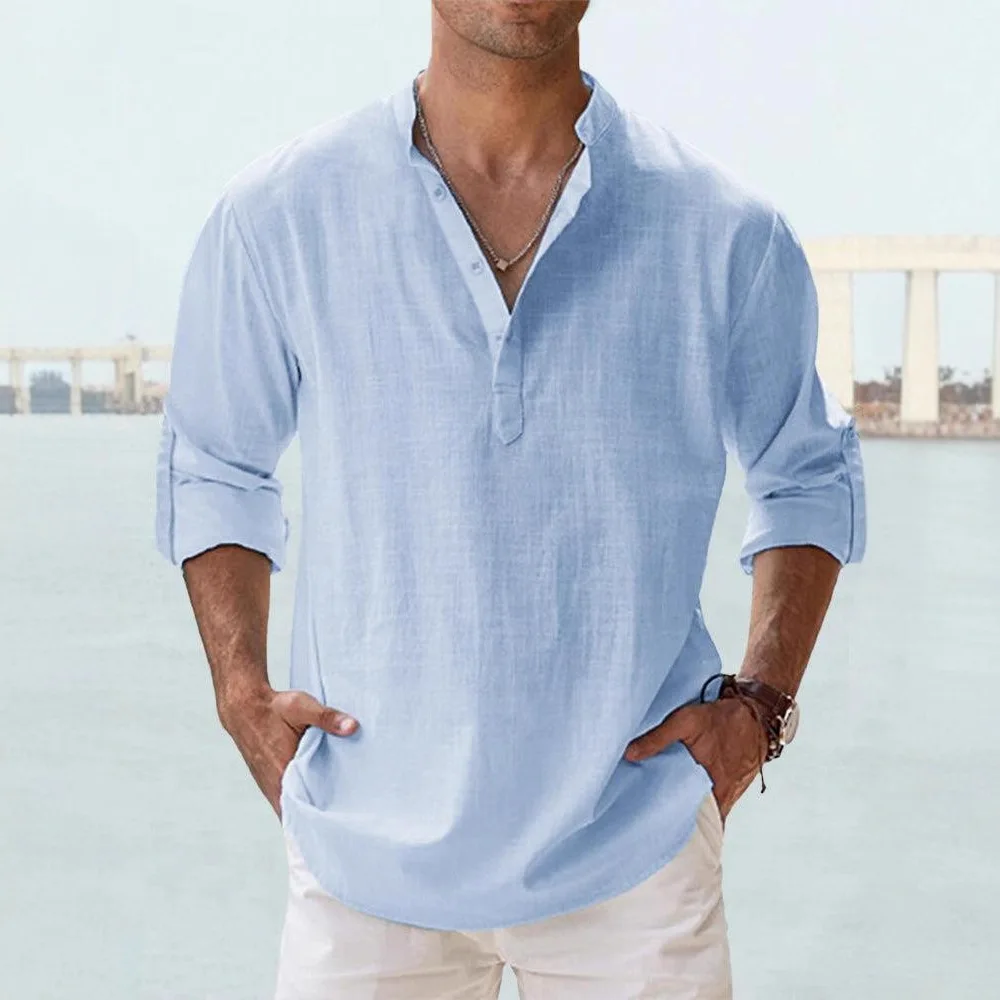 

Men's Casual Cotton Linen Long Sve irt Breathable Moisture ng Stand Collar Busin Commute irt Pure Color