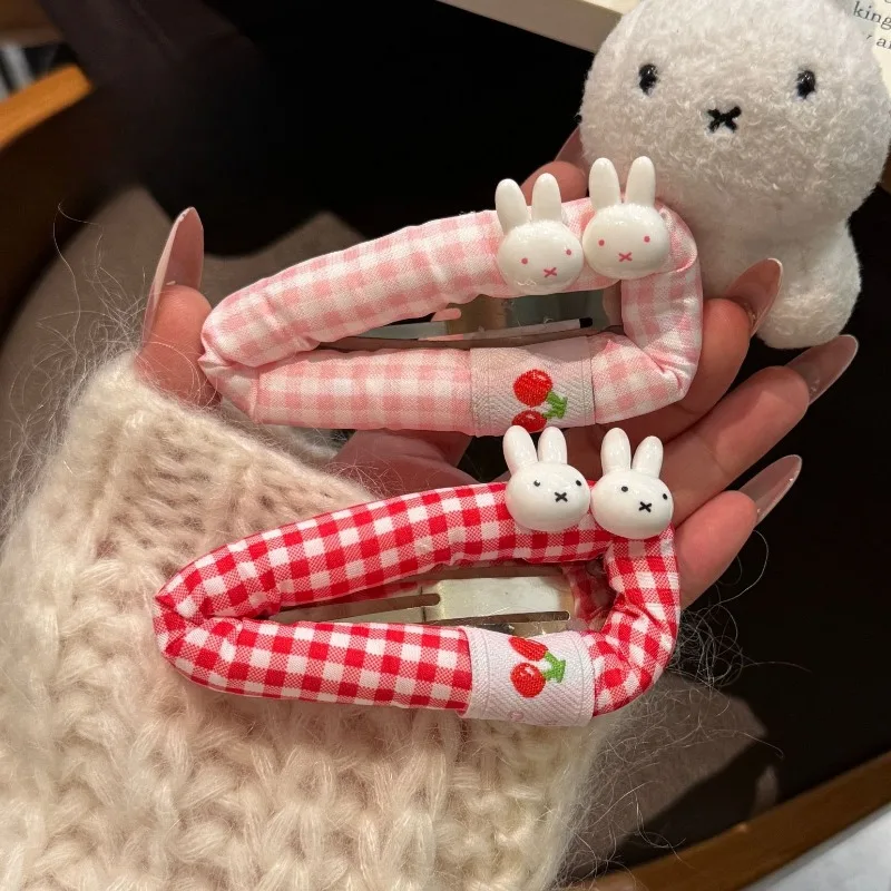 New Kawaii Miffy Sweet and Cute Rabbit Hairpin Blue Grid Cherry Girl Broken Hair Side Break Clip Cartoon Versatile