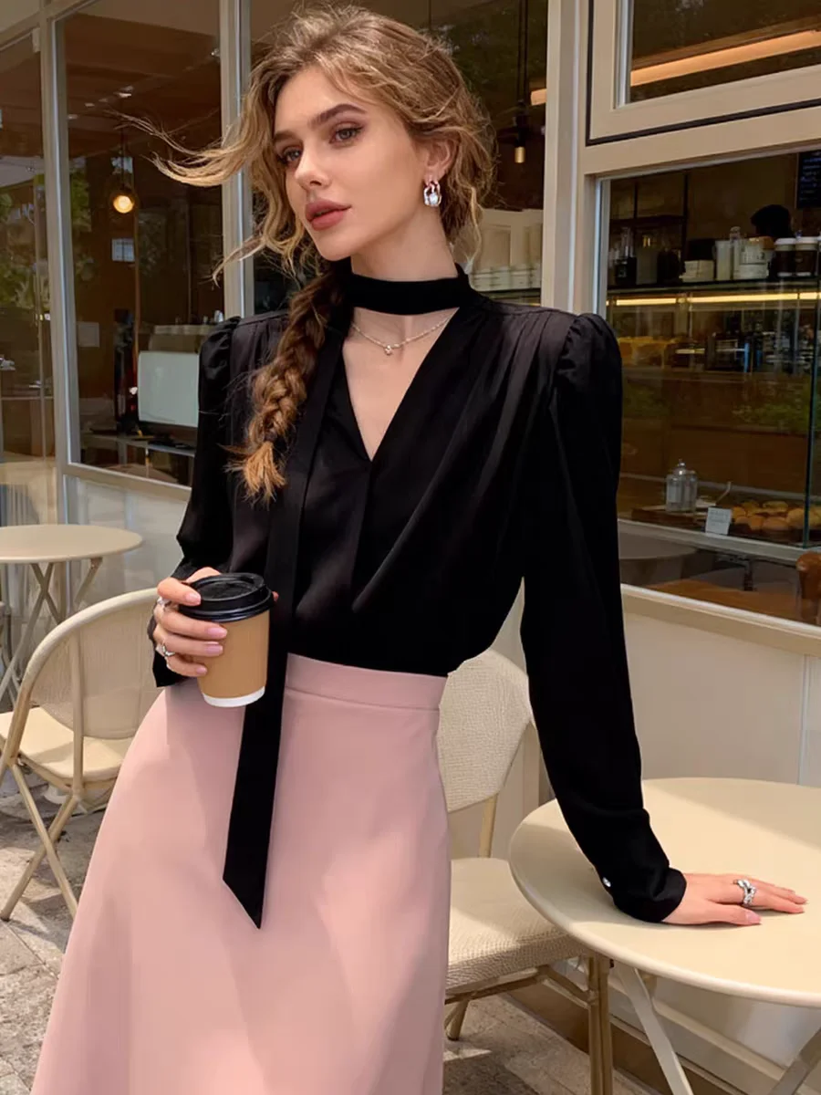 

Elegant Women's Blouses Spring New Office Lady Black Shirts Chic Long Sleeve V-neck Tops Korean Fashion Lace Up Female Clothing
