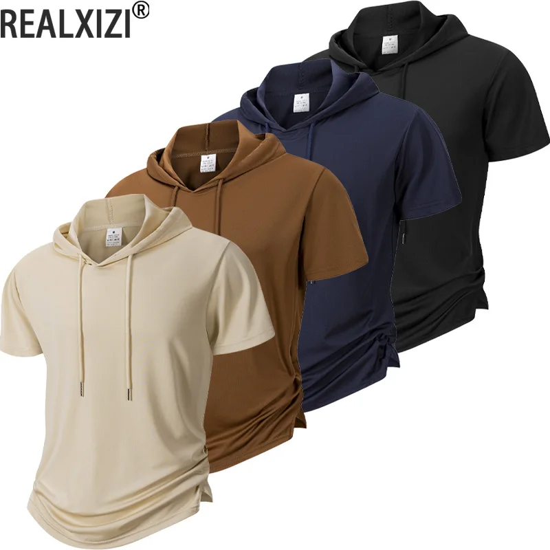 Summer Men's Hooded Lightweight Sweatwear Casual Short Sleeve Loose T-shirt Solid Color Hoodie Fitness Sports Breathable Tops