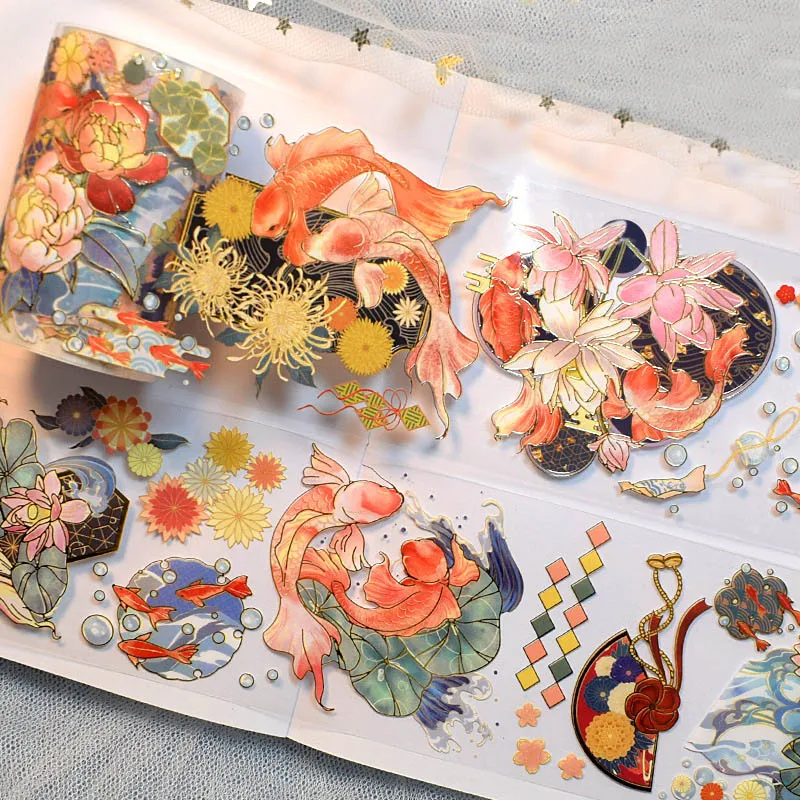 2m/roll Fish PET Tapes Lotus Koi Masking Washi Tape Landscape Scrapbooking Collage Material Aesthetics Japanese Stationery