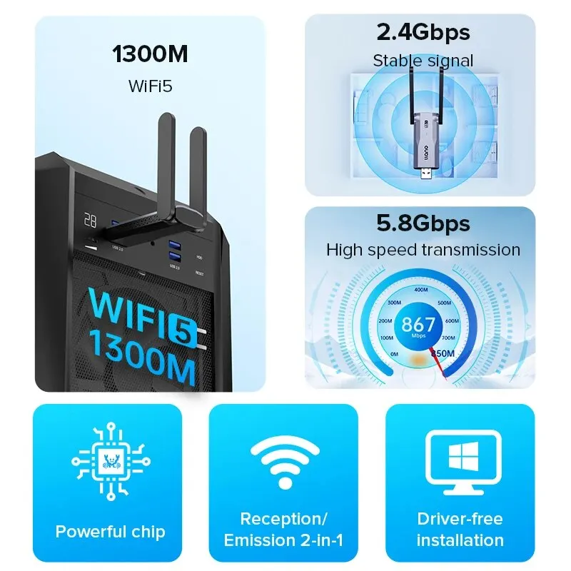 Llano USB Wireless Network Card 1300m Gigabit High Speed Dual Band WiFi Desktop Laptop Computer Host External Internet Access Re