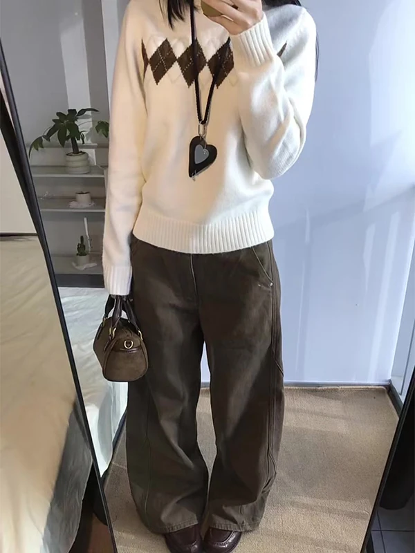 

Женские джинсы-брюки из коричневого денима в стиле ретро, с высокой талией, свободного прямого кроя, в стиле рабочих, зимние, повседневные, свободного кроя, с эффектом потертости