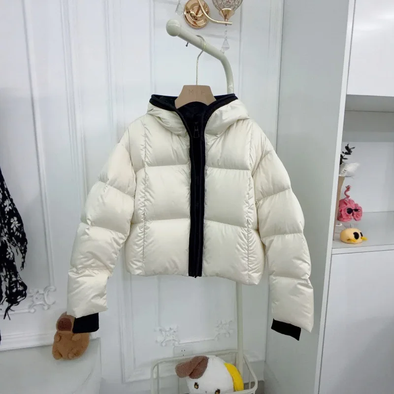 اتجاهات العلامة التجارية الفاخرة Croppe سترة منفوخة شتاء دافئ المرقعة مبطن سترة المرأة مقنعين يندبروف معطف بأكمام طويلة #3