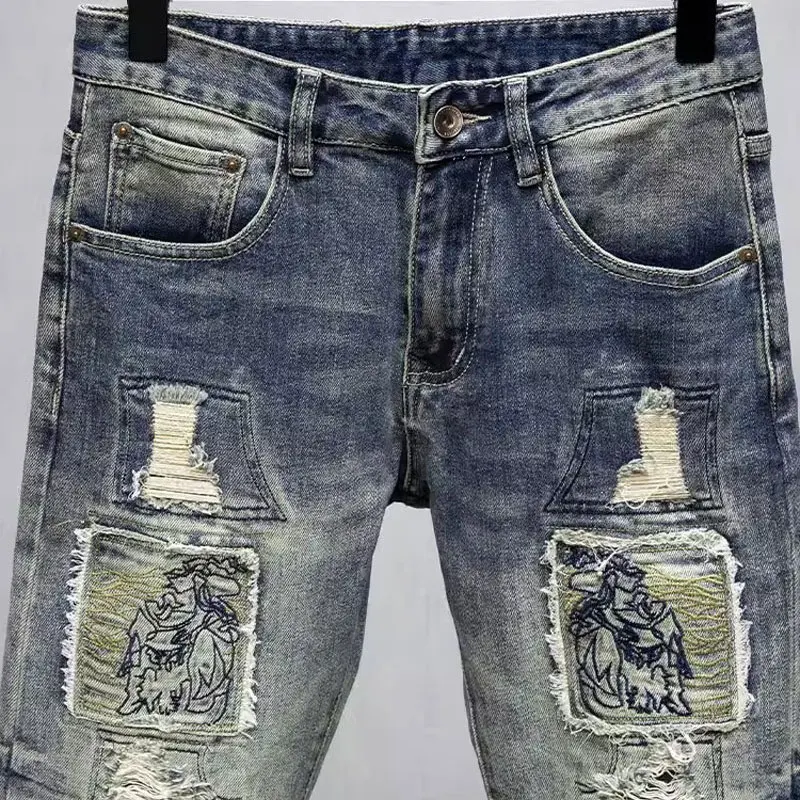 Street Fashion Men Jeans Retro Washed Blue Stretch Slim Fit Ripped Jeans Men Embroidery Patched Designer Hip Hop Denim Pants