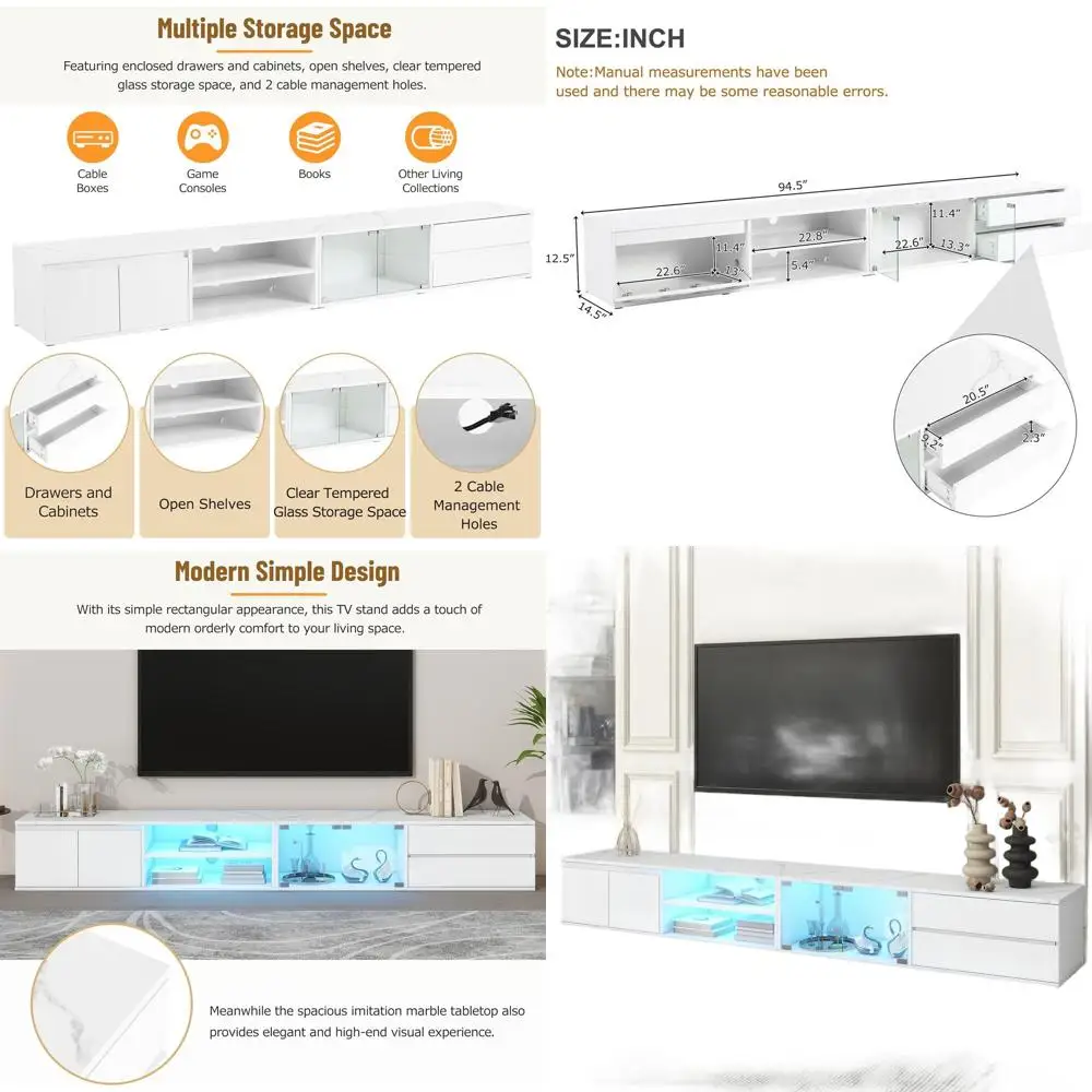 White LED-Controlled Media Storage Cabinet with 2 Drawers, Living Room TV Console Stand featuring Anti-Slip Pads