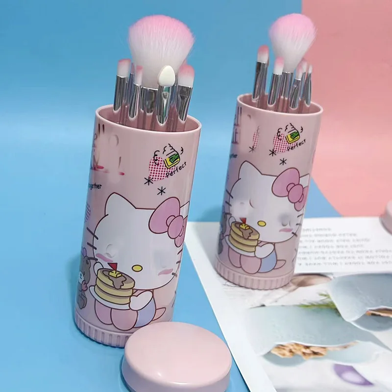 8 ชิ้น/ถัง Sanrio KT แมวชุดแปรงแต่งหน้ารูปการ์ตูน Kawaii Beauty แปรงสีชมพูเครื่องมือนักเรียนเริ่มต้น Blush แปรงของขวัญหญิง