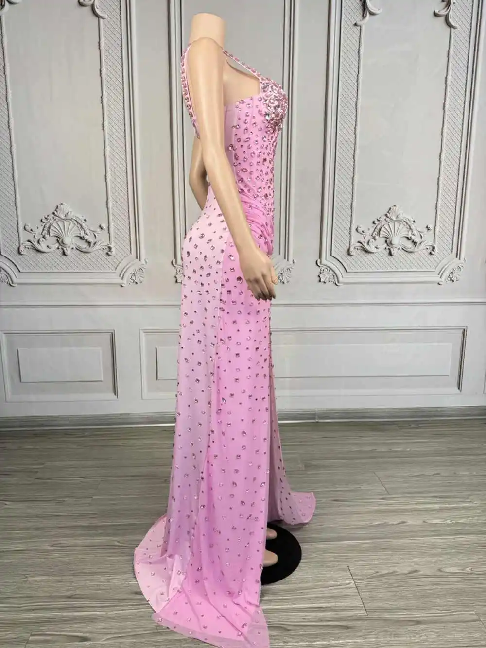 Luksusowa Sukienka Damska z Rozcięciem, Długa do Podłogi, z Cyrkoniami, Seksowna, z Siateczki, Wieczorowa, na Bal, Imprezę, Urodziny, Sesję Zdjęciową