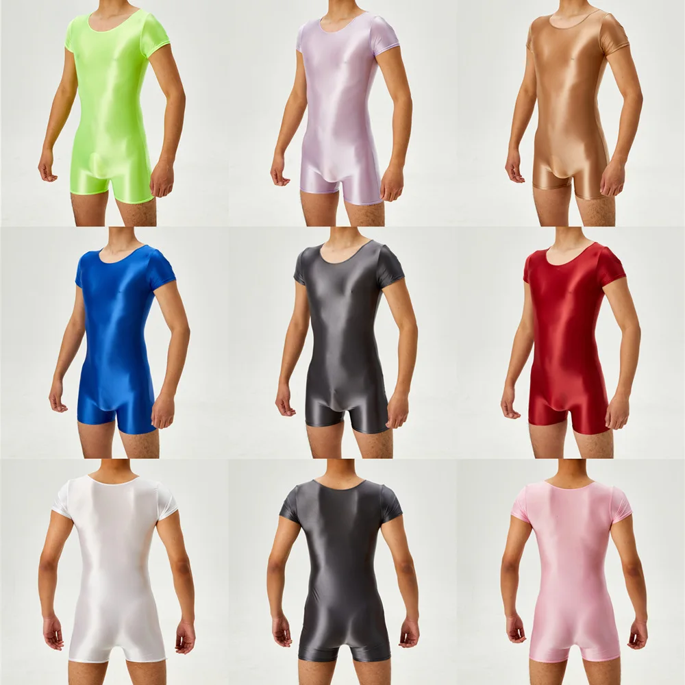 

2025 new European and American high elastic large size oily shiny silky transparent onesie tights men's bodybuilding breathable