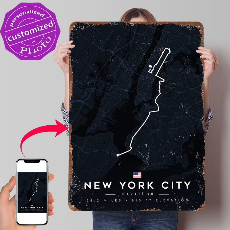 New York City Marathon Map | Sport Watch Tin Poster Customized Wall Art Retro Vintage Metal Signs for Fans Room Interior House