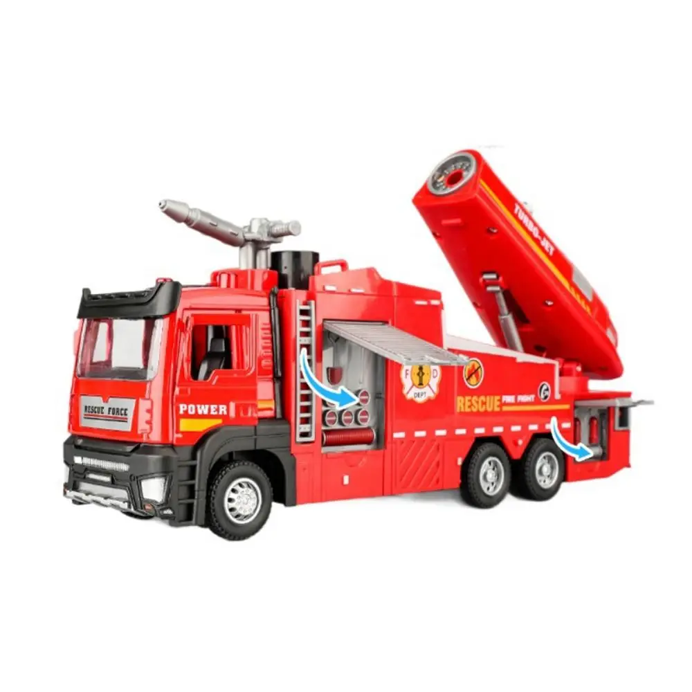 Modelo de caminhão de bombeiros escala 1:32, função pull-back com som, luz, spray de água, brinquedo interativo de resgate de incêndio, carros de motor de incêndio