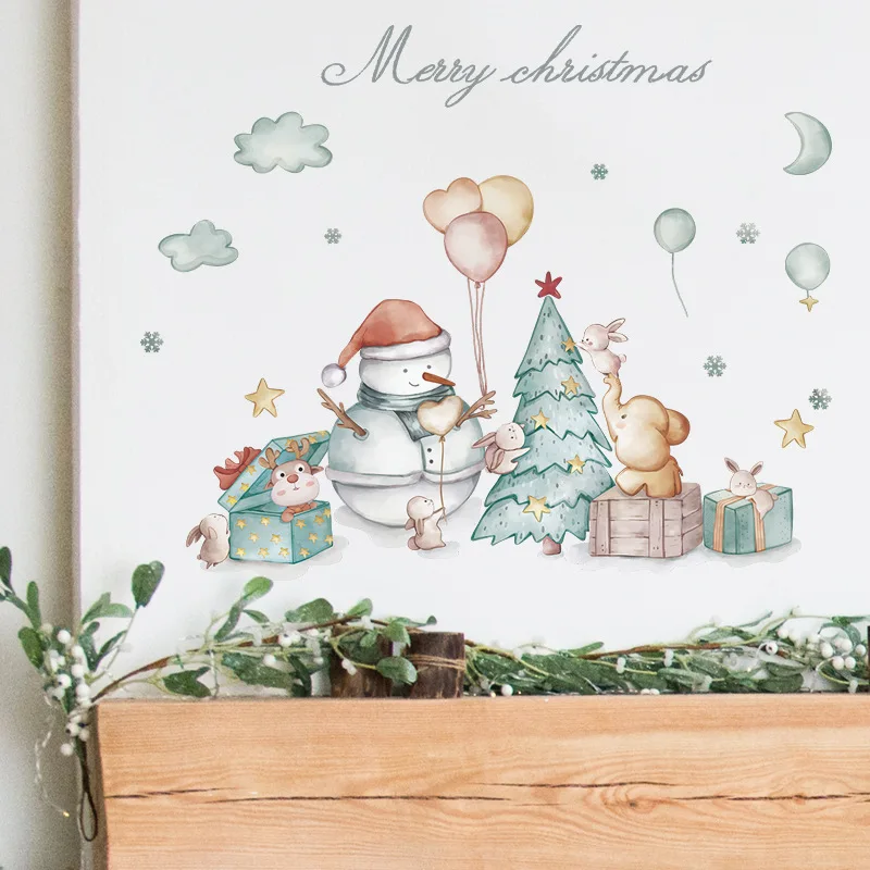 Full Transparent Christmas Cartoon Snowman Christmas Tree Landscaping Decorative Glass Window Door Wall Sticker