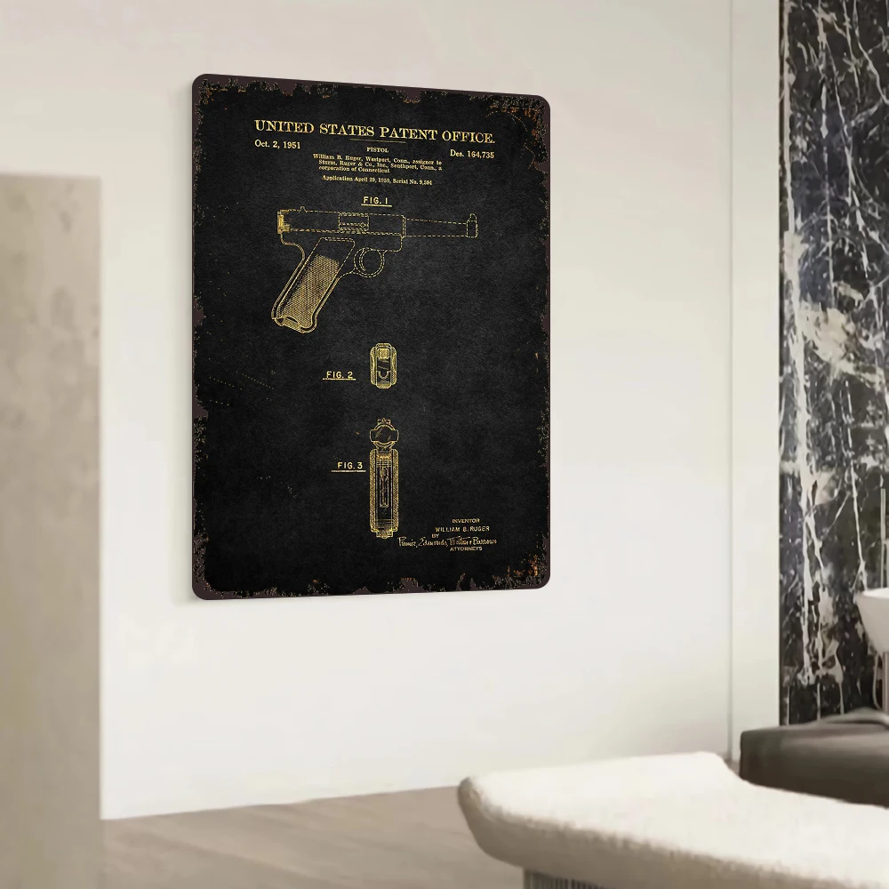 1951 الولايات المتحدة روجر مسدس براءة اختراع تصميم خمر معدن القصدير تسجيل ديكور المنزل جدار الفن هدية