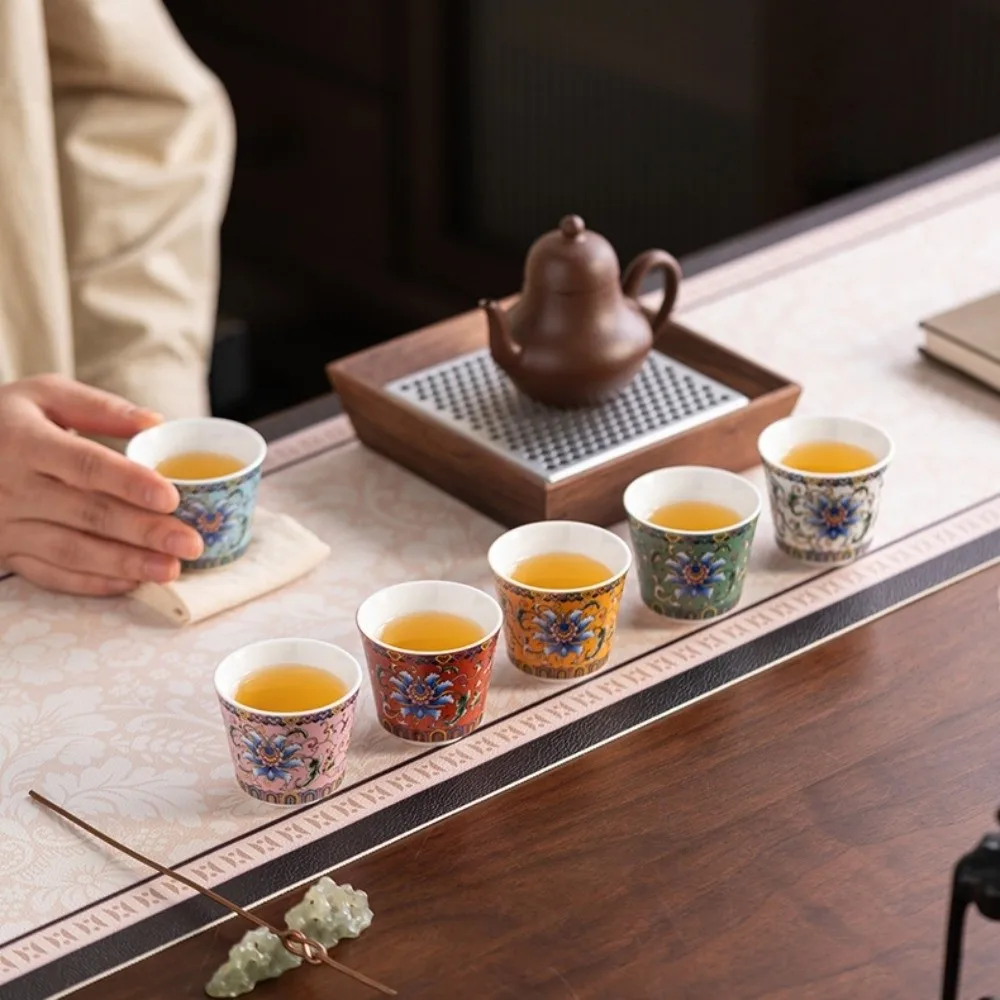 

6pcs/set Kung Fu Tea Set Flower Tea Cup Chinese Style Vintage Ceramic Cup Traditional 70ml Enamel Cup Afternoon Tea