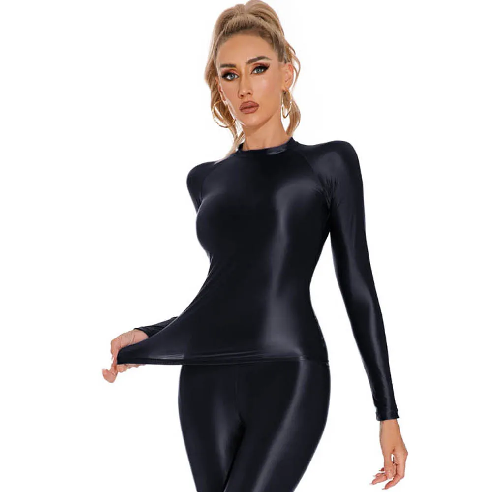 Glänzendes Elastisches Langarm-Shirt für Damen Fitness Gym Athletik Yoga T-Shirt Eng Anliegendes Sexy Oberteil Lässiges Crop Top Bustier-Top – Detail 2
