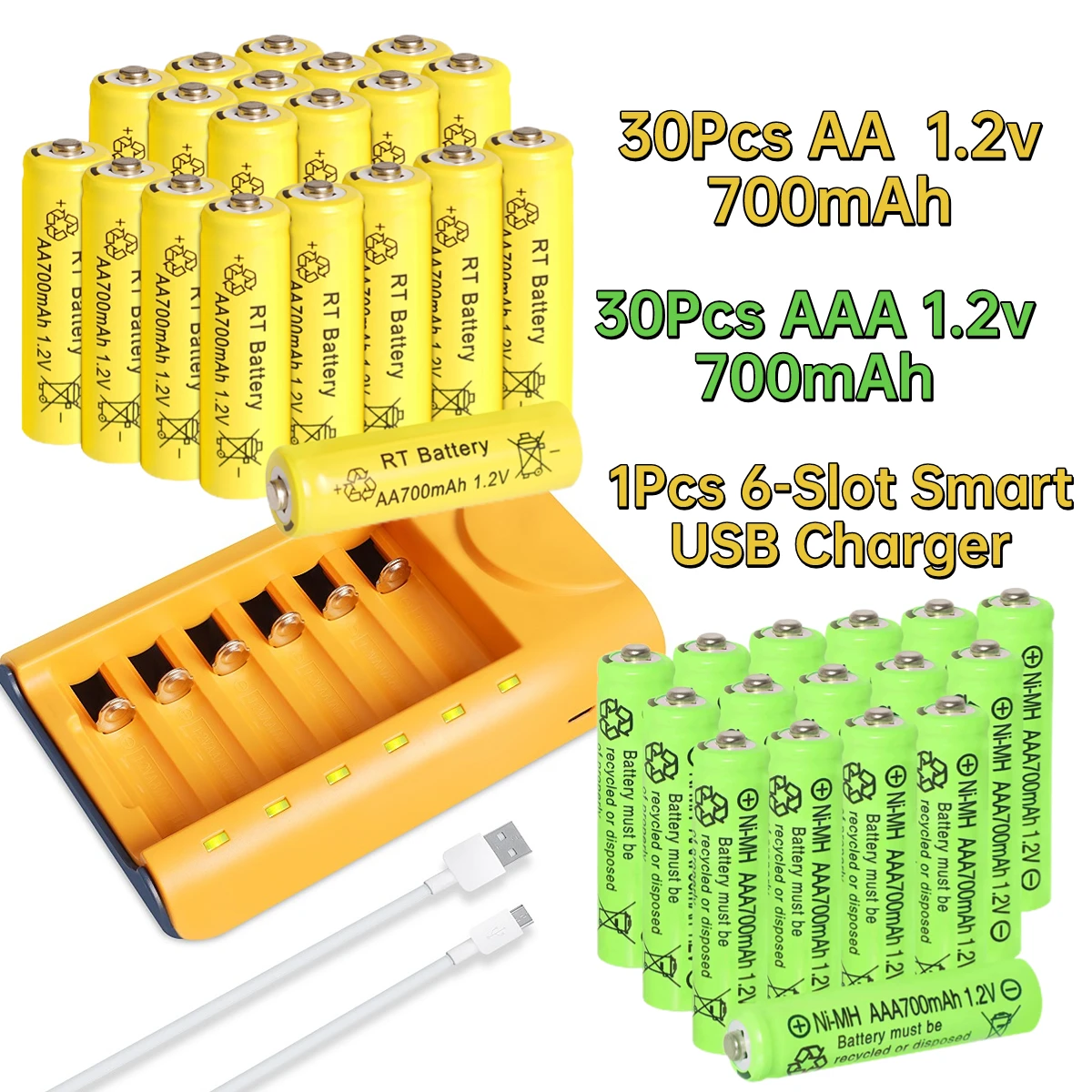 Skywolfeye 30pcs AA/30pcs AAA 1.2V 700mah Rechargable Button Top Long Life Good Safety Batteries with USB 6 Slot Battery Charger