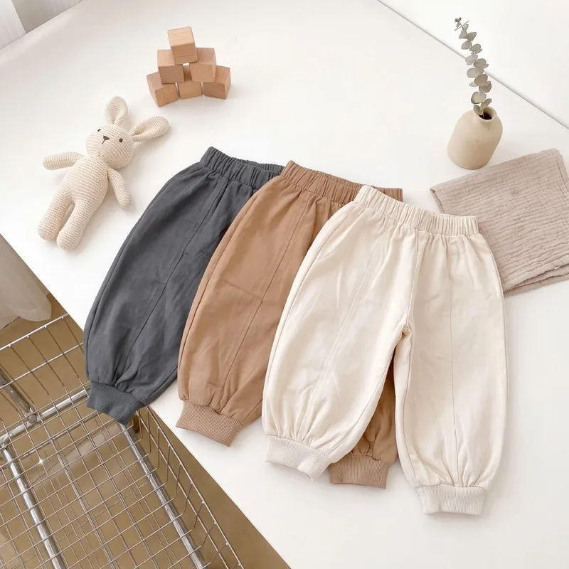 Kids Cotton Spliced Jogger Pants Elastic Waist Solid Color Loose Casual Trousers Boys Girls Bottoms