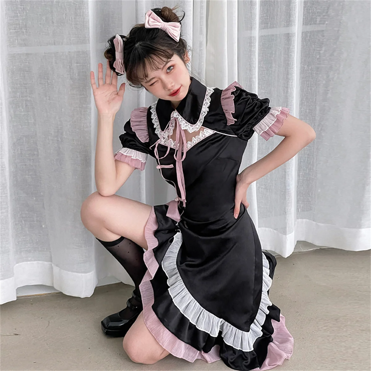 Robe chinoise pour femmes, Style doux, Cosplay, Lolita Op, manches bouffantes à volants, ourlets irréguliers, ruban, nœud papillon, Cheongsam