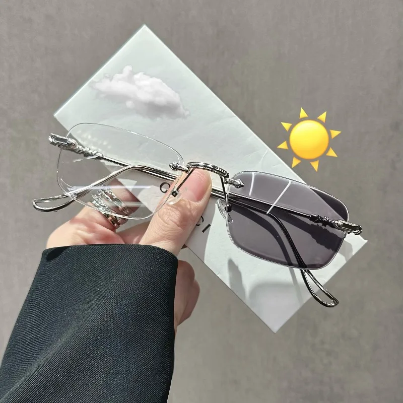 Photochrome Anti-Blaulicht-Brille Rahmenlose Elegante Flache Gläser Trendige Herren-Sonnenbrille