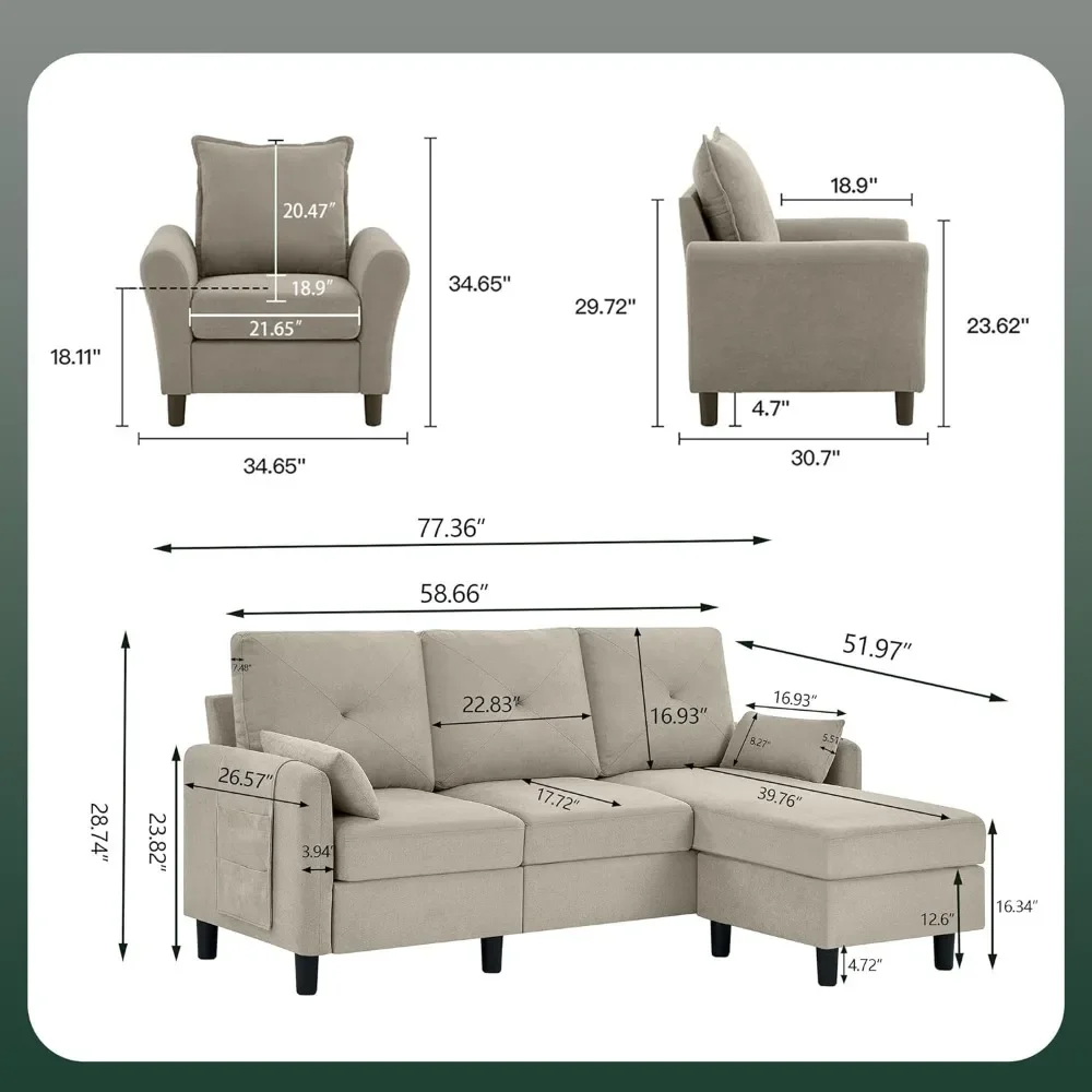 2 Piece Convertible Sectional Sofa Set for Living Room, 3-Seat L Shaped Couch with Ottoman Side Pocket Single Seat Accent Chair