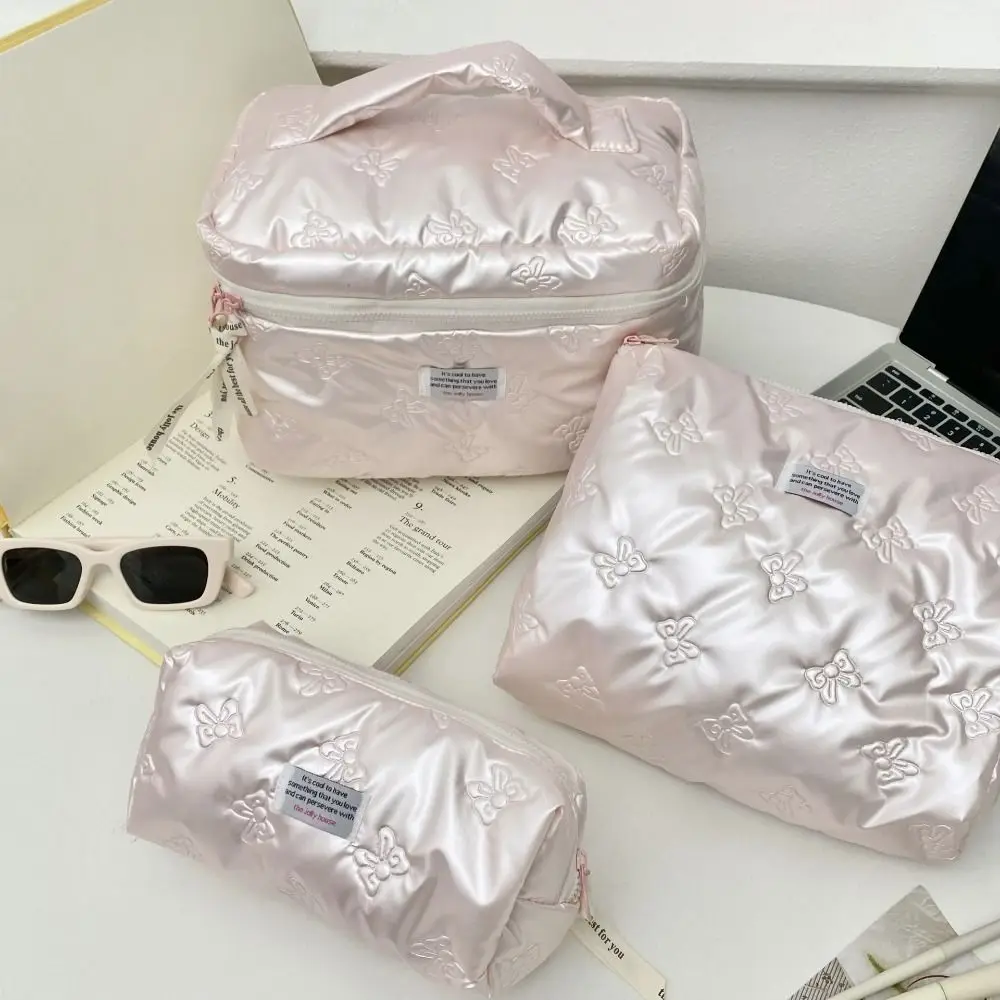 PU Material Cosmetic Bag Bow Decoration Storage Compartment Toiletry Bag Multi-function Zipper Makeup Handbag Travel Essential