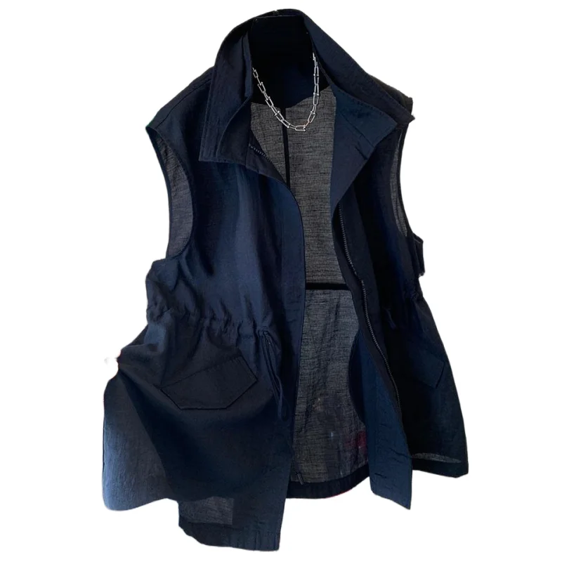 

SuperAen Black and Elegant Korean Style Loose Sleeveless Jacket New Summer Simple Pleated Vest Coats