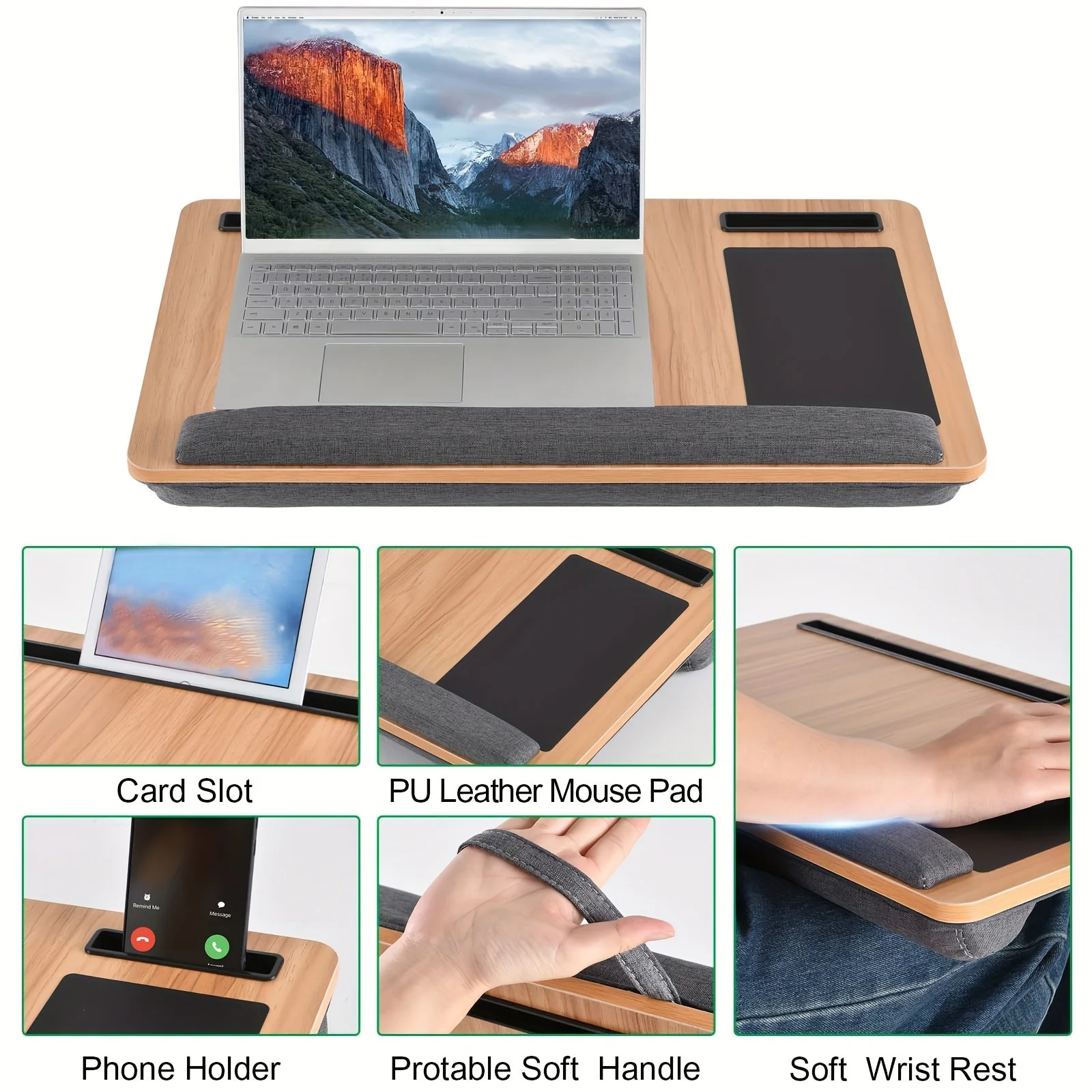 Bandeja de cama para computadora portátil con almohada suave - Bandeja de trabajo con patas reforzadas - Bandeja de escritura para oficina en casa - Se adapta a computadoras portátiles de hasta 17,3 pulgadas