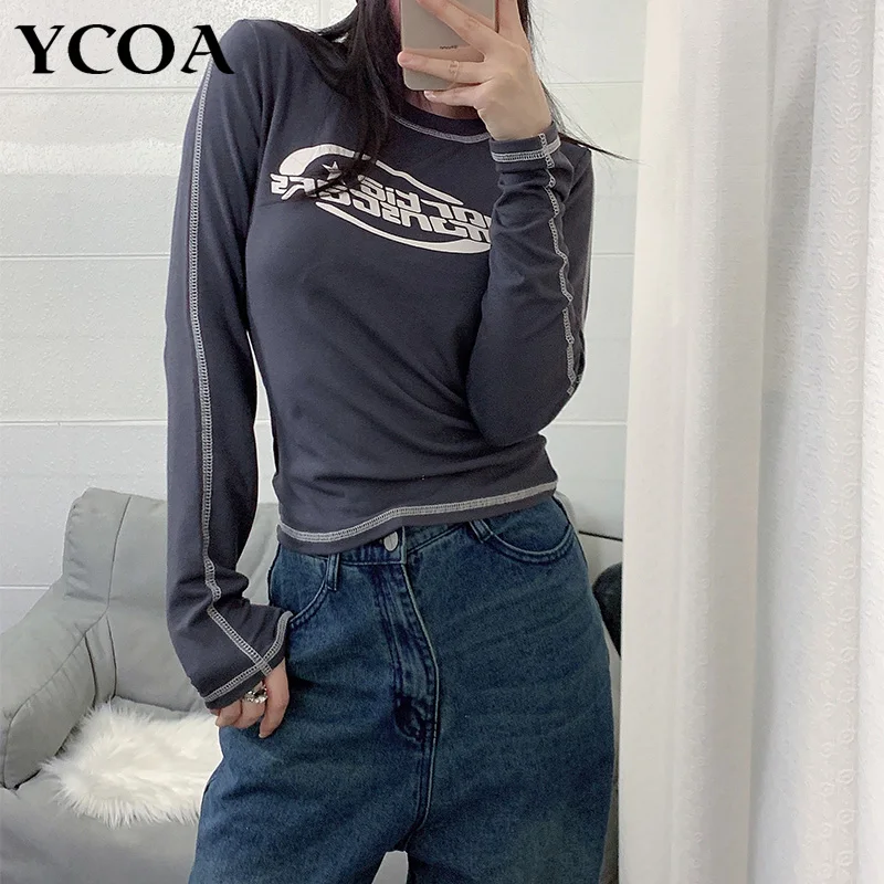 Women T-Shirt Slim Crop Top Retro Graphic Pullovers Korean Fashion Print Grunge Vintage Long Sleeve Tee Y2k Streetwear Clothing