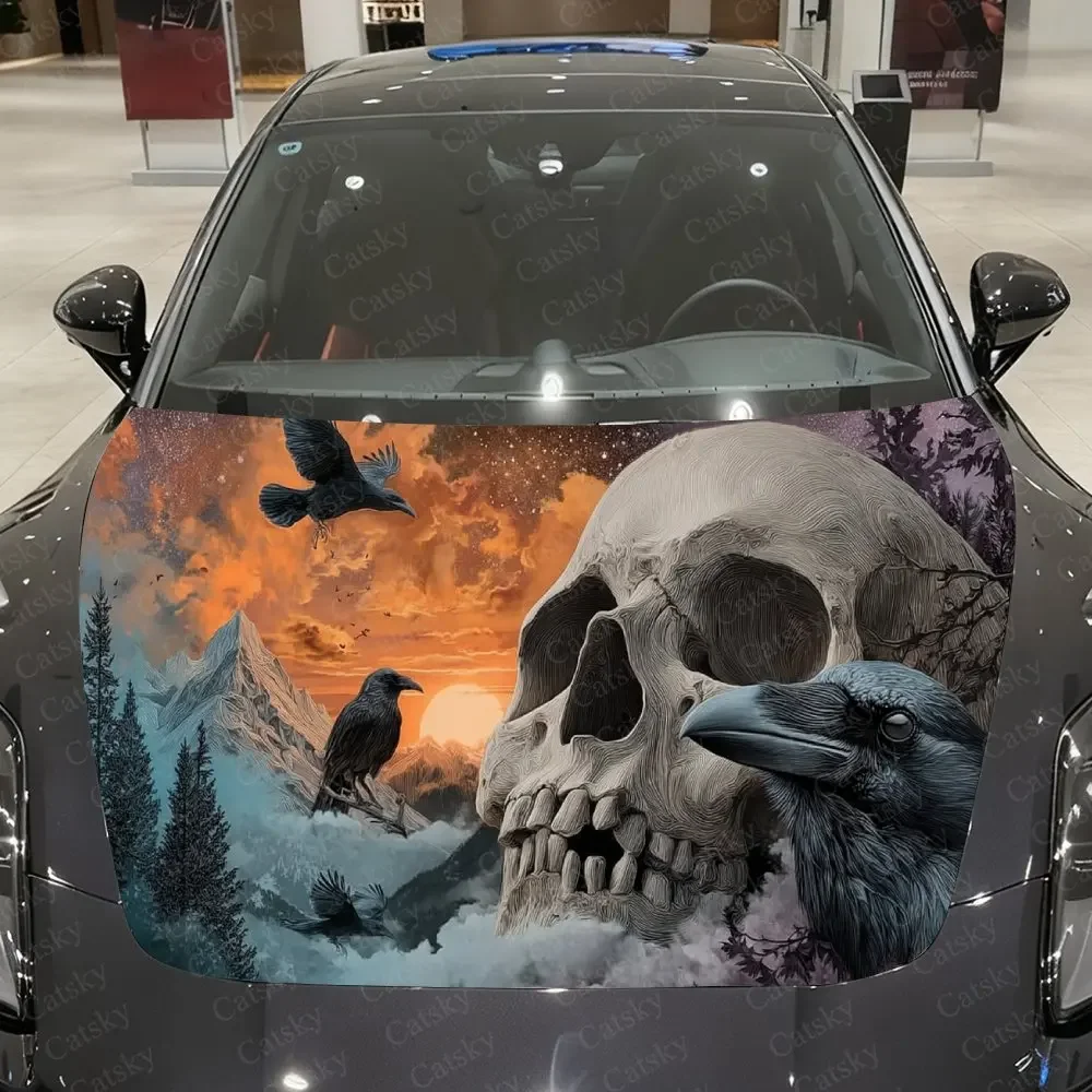 Skull & Raven Sunset Realm Car Vinyl Wrap, PVC Material Waterproof Car Hood Sticker, Self-Adhesive Scratch-Resistant Stickers fo